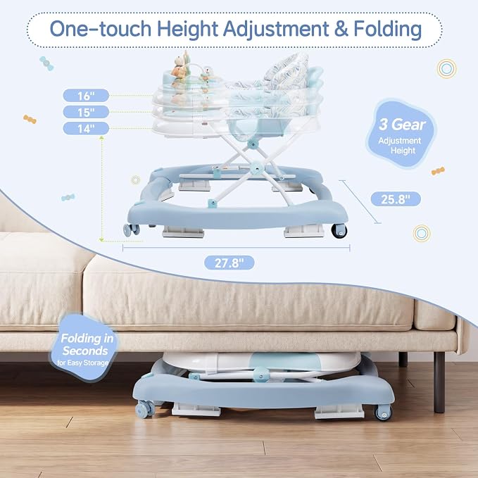 5 in 1 Baby Walker, Music and Lights Foldable Baby Walker with Wheels, 3 Adjustable Heights, with Bouncer Combo, Rocker, Activity Walker for Baby Boy and Girl 6-18 Months (Blue)