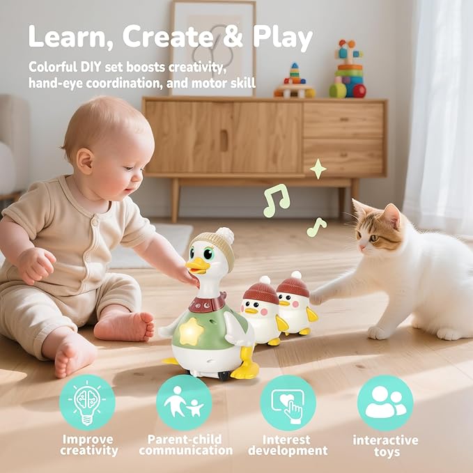 Hestiasko Baby Toys 6 8 10 12 Months, Tummy Time Duck Toy, Musical Dancing Duck Set with Lights & Sounds, Crawling and Interaction Toys for 1 Year Old Girl Boy Baby Stocking Stuffers