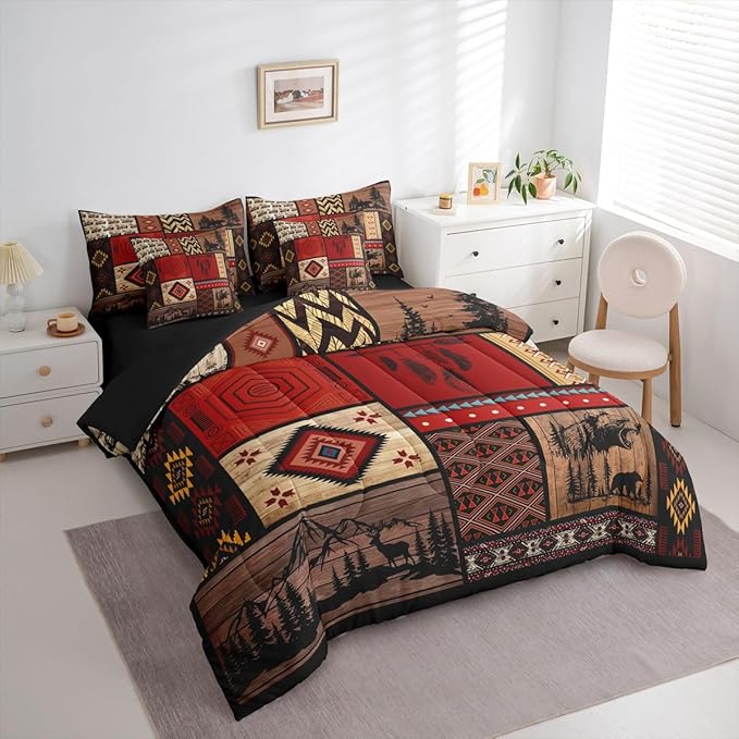 Feelyou Rustic Cabin Bear Comforter Set with Sheets 7 Piece King Size Farmhouse Hunting Deer Bed in a Bag Kids Boys Girls Retro Bohemian Bedding Set Buffalo Plaid Bedroom Decor Soft Microfiber