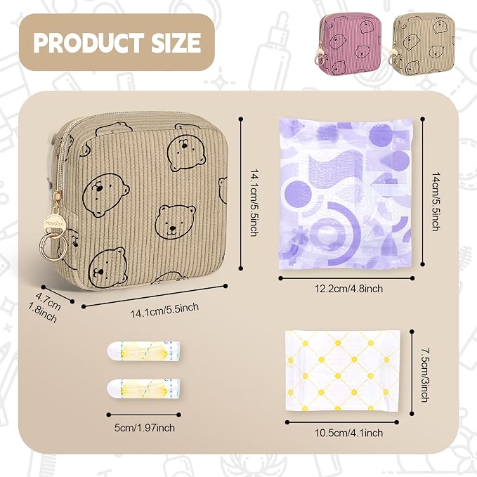 Period Bag for Teen Girls, Corduroy Sanitary Napkin Storage Bag, Menstrual Pad Pouches Tampon Holder for Purse (Bears-Khaki)