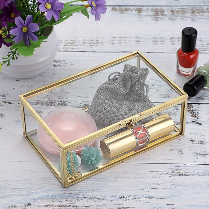 Hipiwe Vintage Glass Keepsake Box, Rectangle Jewelry Display Organizer Case | Vanity Lidded Box Home Decor Accent Decorative Boxes for Storage Trinket Rings Bracelet