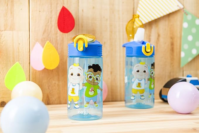 Zak Designs CoComelon Kids Water Bottle with Spout Cover and Built-In Carrying Loop, Durable Plastic, Leak-Proof Water Bottle Design for Travel (16 oz, 2-Pack, Non-BPA)