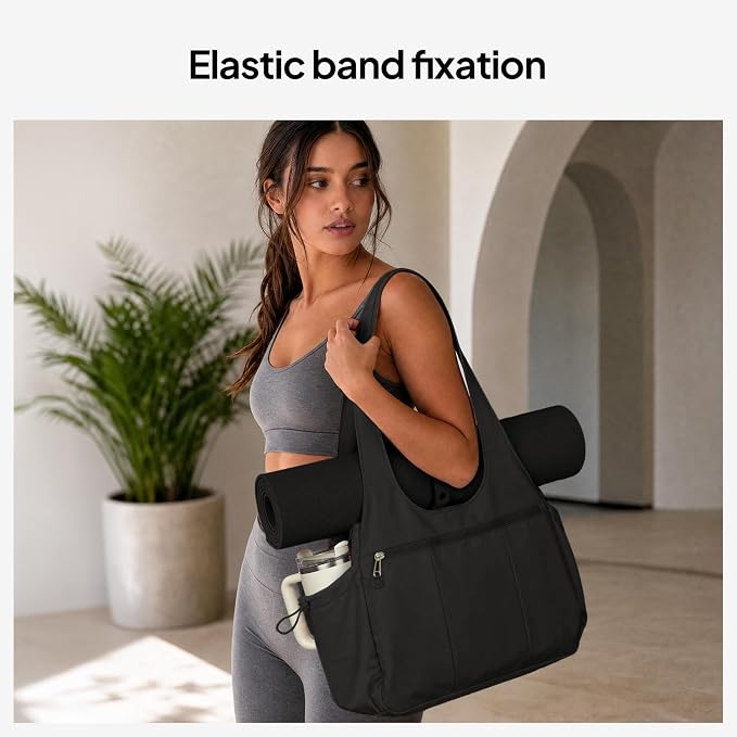 TOPEAST Foldable Tote Bag for Women with Yoga Mat Holder,Travel Tote Bag with Water Bottle Pocket,Lightweight Workout Gym Bag