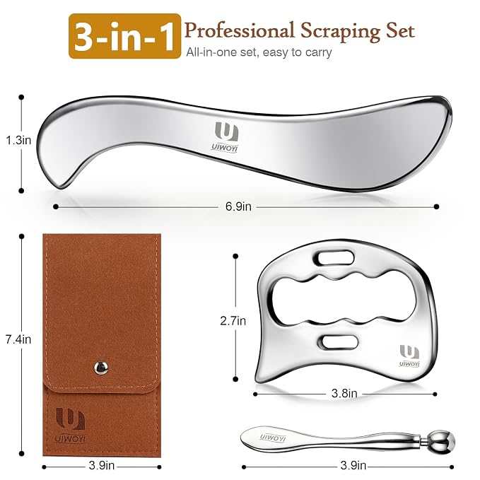 304 Stainless Steel Gua Sha Tools Set, Facial & Full Body Scraping Massage Kit with Zinc Alloy Eye Roller, 3 Pack Ergonomic Muscle Scraper for Home Daily Self Care & Workout Recovery