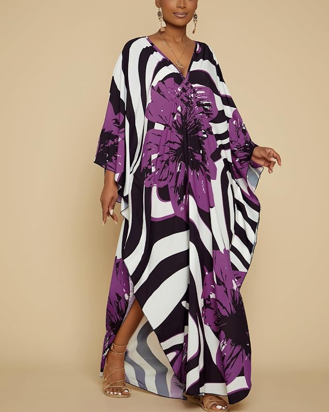 Bsubseach Kaftan Dresses for Women Floral Print Plus Size Beach Cover Up | Lightweight V Neck Loose Fit Boho Dress, Batwing Sleeve Side Slit, Moo Moos for Women Home Loungwear Cruise Resort Wear