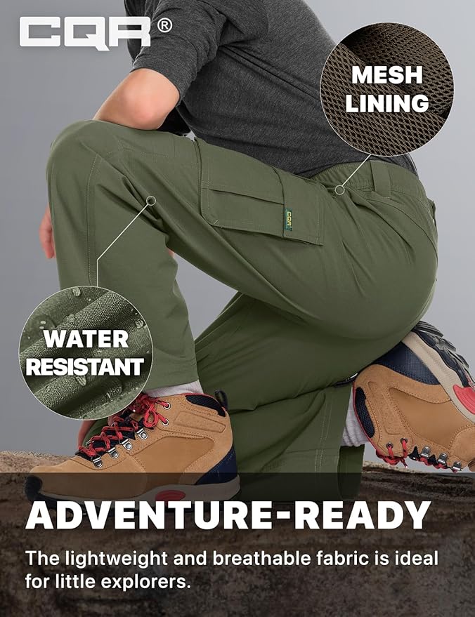 CQR Kids Boy’s Hiking Cargo Pants, Water Resistant UPF 50+ Quick Dry Youth Casual Outdoor Climbing Camping Trousers