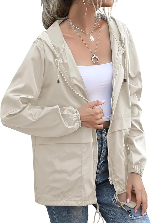 Women's Waterproof Raincoat Lightweight Rain Jacket Hooded Windbreaker with Pockets for Outdoor