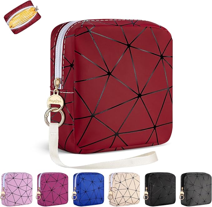 Period Bag for Teen Girls, PU Leather Sanitary Napkin Storage Bag, Menstrual Pad Bag Period Pouches Tampon Holder for Purse (Red)