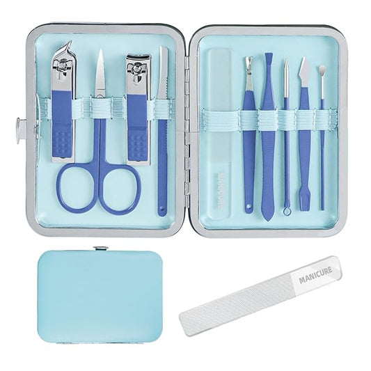 Manicure Set 10 pcs Professional Care Manicure kit for Men,complete toe nail and pedicure clippers set Beauty Tools with Luxurious Travel Case(Blue)