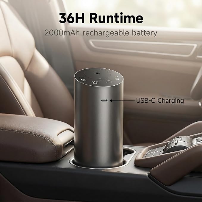 Car Diffuser, Waterless Essential Oil Diffuser with 2000mAh Battery & Timer, Adjustable Mist Cordless Aromatherapy for Car, Portable Air Freshener with Premium Aluminum Alloy & Type-C Charging(Grey)