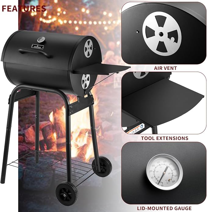 Charcoal Grill Outdoor BBQ Grill, Barrel Charcoal Grills with Side Table, with Nearly 500 Sq.In. Cooking Grid Area, Outdoor Backyard Camping Picnics, Patio and Parties, Black by DNKMOR