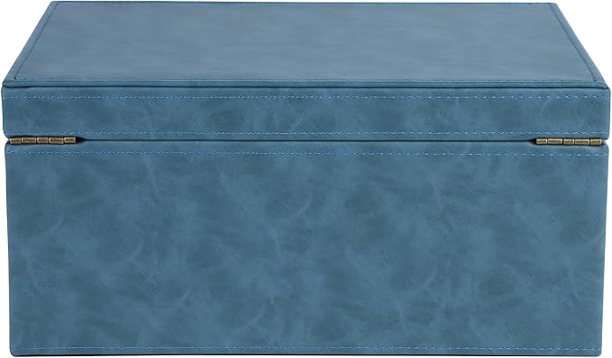 HofferRuffer Faux Leather Decorative Box, Large Wooden Structure Keepsake Box Accessory Organizer Jewelry Organizer with Hinged Lid, Storage Container for Home or Office (Blue)