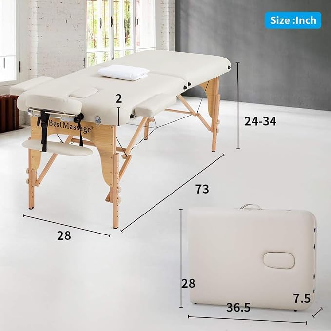 BestMassage Massage Bed Portable Massage Table 28 inch Wide Lash Bed Height Adjustable PU Leather 2 Folding with Towel Hanger Oil Pouch Half Bolster Round Bolster Non-Woven Bag