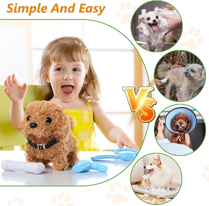 Electronic Interactive Plush Puppy - Battery Operated Mechanical Walking Little Pet Dog with a Cute Bag, Barking, Tail Wagging, Stretching Companion Animal for Toddlers & Kids (Brown)