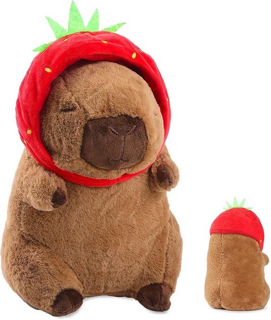 Capybara Plush Cute Capybara Stuffed Animal Kawaii Plush with Strawberry Hat Capybara Gifts Cute Plush Pillow Birthday for Boys Girls 9 Inch