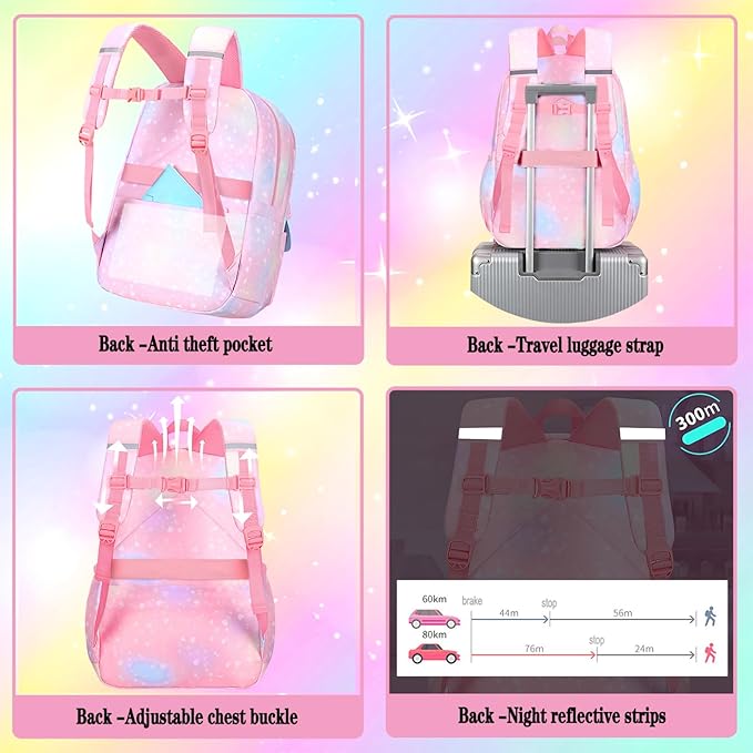 3Pcs Kids Backpack For Girls,Cute Rainbow Student School Backpack With Lunch Bag Pen Bag Set (Purple Medium 16.5in