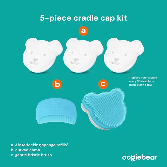 oogiebear Cradle Cap Brush Kit Includes 2 Additional Replacement Sponges – Gentle and Safe Scalp Massage Care with Sponge, Brush, and Comb for Newborns and Babies