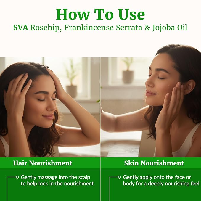 SVA Rosehip, Frankincense Serrata, and Jojoba Oil 4 oz Bundle Super Saver Combo – Value Set for Hair Oiling, Scalp Massage, Hair Care, Skin Care and Body Massage