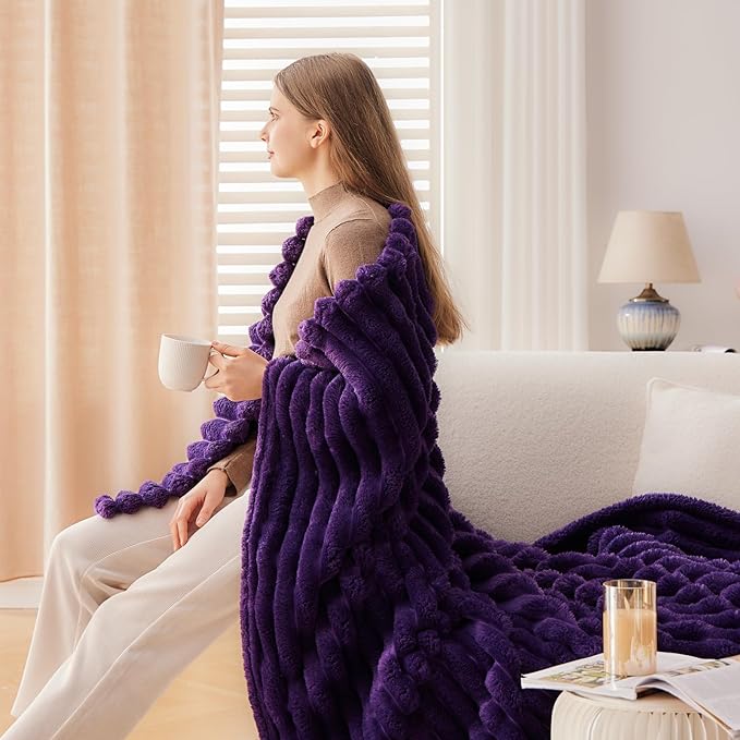 NEWCOSPLAY Super Soft Queen Blanket Purple Premium Silky Flannel Fleece 3D Ribbed Jacquard Lightweight Bed Blanket All Season Use (Purple Ribbed, Queen(90"x90"))
