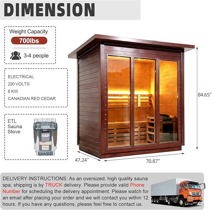 Outdoor Sauna 3 Person, Luxurious Steam Canadian Red Cedar Sauna Room with 6KW ETL Toule Heater, Traditional Backyard Sauna Spa with Asphalt Shingles, Sauna Accessories for Home & Garden