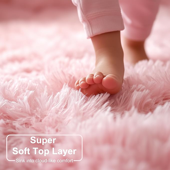 Amdrebio Light Pink Small Cute Round Rug 3Ft for Girls Bedroom, Fluffy Circle Area Rugs for Kids Room Decor, Shag Fuzzy Thick Fur Carpet for Nursery Dorm Classroom Playroom Teen Toddler Baby Corner