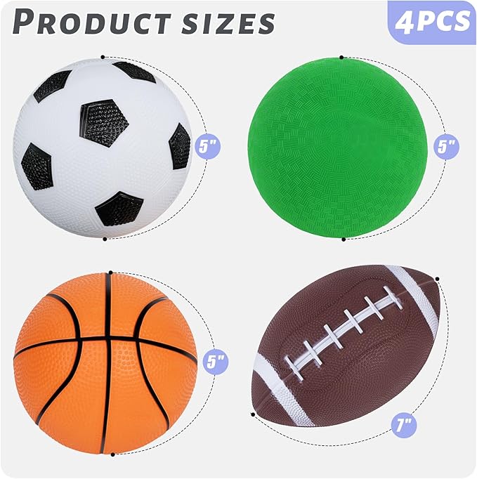 3 otters 4PCS Sports Balls for Kids, Playground Balls for Toddlers with Pump Includes Football Soccer Basketballs Kickballs, Throwing Toys for Kids
