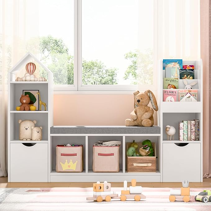 Kids Bookcase with Reading Nook, Bench Kids Bookshelf with 7 Storage Cubbies and 2 Movable Drawers, Multi-Purpose Toy Storage Organizer with Seat Cushion for Playroom, Bedroom, Living Room, White