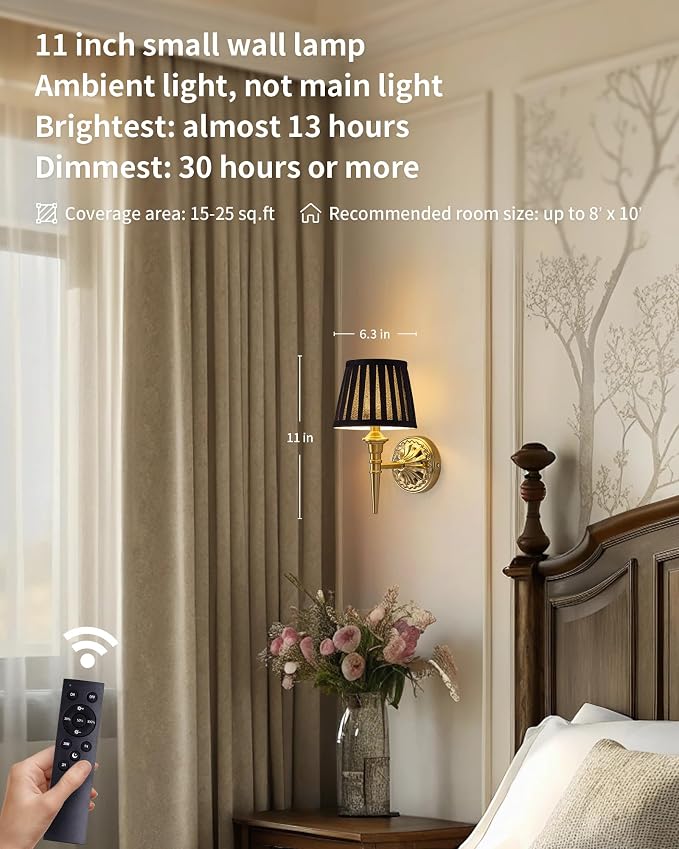 KDG Cordless Gold Wall Sconces Set of 2, Black Fabric Lampshde Wall Lamps | Small LED Wireless Portable Rechargeable Battery Lighting for Wall Painting, Living Room, Bedroom, Hallway, Gifts, Nightlight