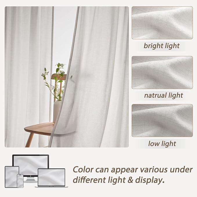 Beige White Light Filtering 60 Inch Wide Curtains 108 Inches Extra Long for Dining Room, Memory Shape Pinch Pleat Privacy Semi Sheer Natural Linen Farmhouse Viral Window Drapes 9 FT Length 2 Panel Set
