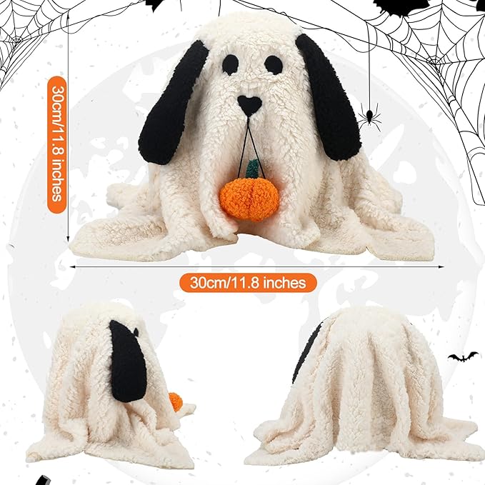 11.8 Inch Halloween Dog Ghost Shaped Throw Pillow with Pumpkin Toy Ghost Plush Pillow Cute Spooky Stuffed Animal Soft Halloween Party Decoration for Couch Sofa Home Decor