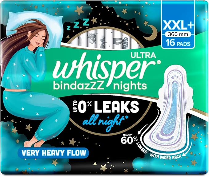 Whisper Bindazzz Night Sanitary Pads|Pack of 16 Thin Pads|XXL+|Upto 0% Leaks|60% Longer & Wider Back|Dry Top Sheet|Long Lasting Coverage|Faster Absorption|36 Cm Long|with Disposable Wrap