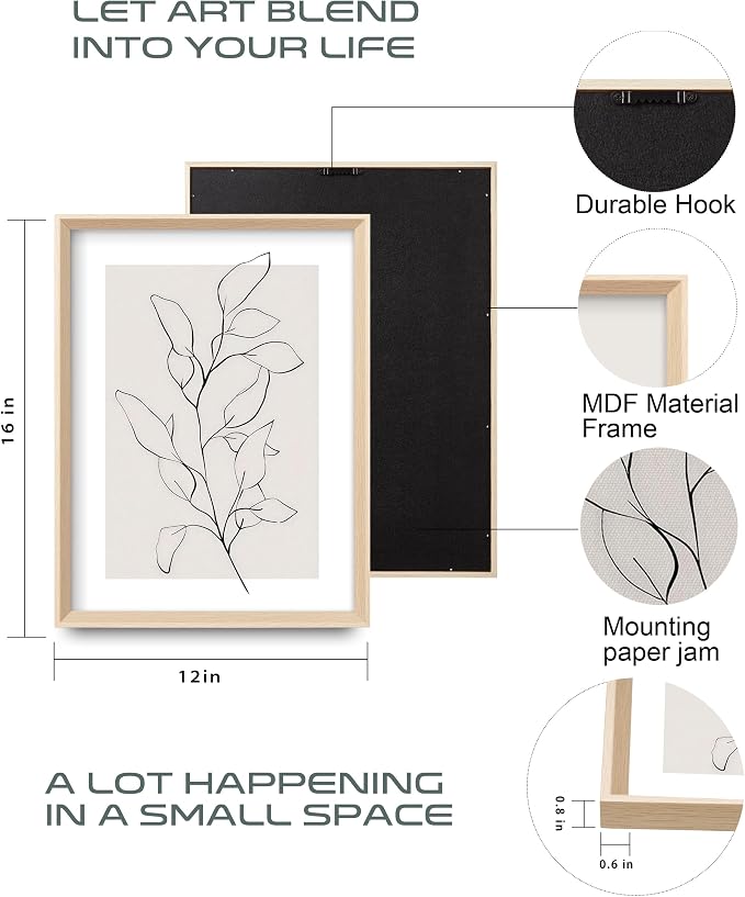 HesenDot Minimalist Botanical Framed Wall Art, Line Drawing Canvas Prints | 12x16IN Set of 3, High Framed Design Prints, Neutral Plant Artwork Wall Decor for Living Room Bedroom Bathroom Office