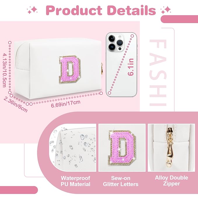 Small Initial Patch Makeup Bag Personalized Gifts Make Up Bag,White Cute PU Leather Glitter Letter Cosmetic Bag with Zipper,Trendy Portable Travel Toiletry Pouch,Preppy Stuff for Teen Girls Women D
