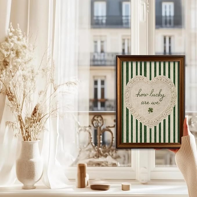 Framed How Lucky Are We Wall Art Vintage Inspirational Quotes Decor Print | Green Striped Lace Heart Aesthetic Painting Poster Trendy Preppy Canvas Picture for Bedroom Collage Ready to Hang 12inx16in