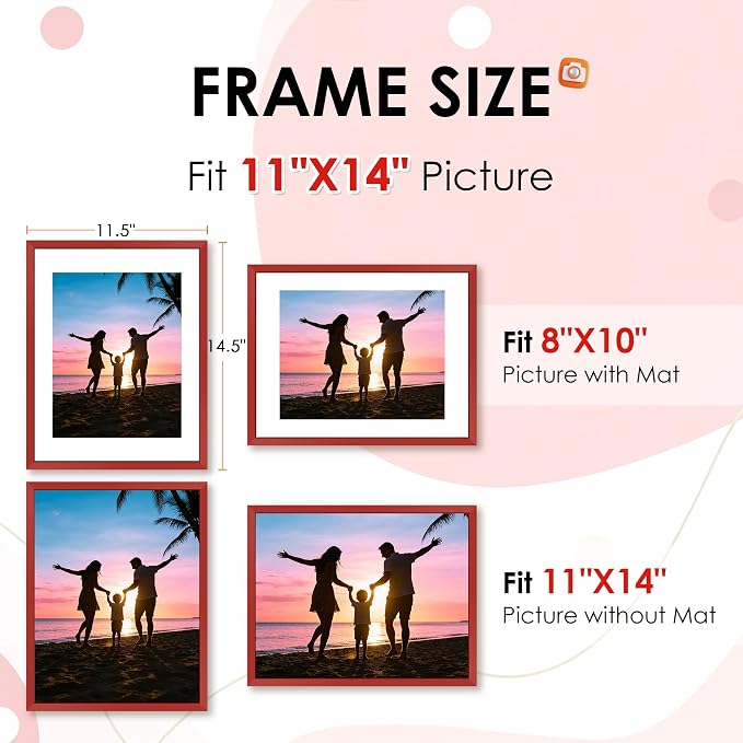 FIXSMITH 11x14 Picture Frame 2 Pack, Red Photo Frame with HD Plexiglass, Display Pictures 8x10 with Mat or 11x14 Without Mat, Black Picture Frames Collage Wall Decor, Gallary Wall Frame