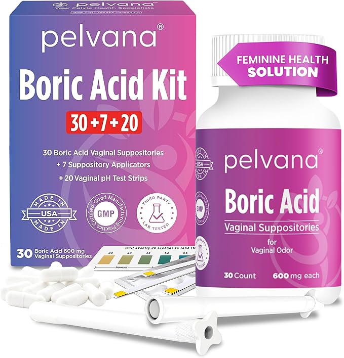 Pelvana Boric Acid Suppositories for Women - 30 Count + 7 Applicators + 20 pH Tests - 600mg Boric Acid Capsules for Vaginal Odor Use