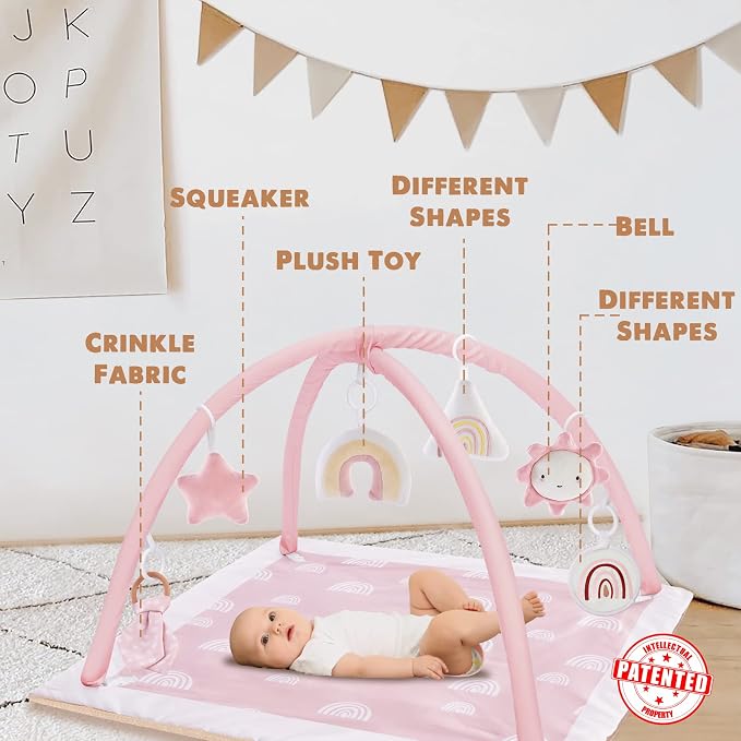 Washable Tummy Time Mat, Baby Play Gym with 6 Featured Toys, Baby Gym for Infant & Toddler, Larger Baby Play Mat, Deluxe Baby Play Mats for Floor, Sensory and Motor Skill Development, Non Slip, Pink