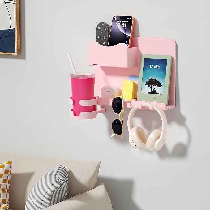 Floating Shelves for Bedside Shelf Accessories Organizer, Wall Mount Shelf Stick On, Cute Room Decor Aesthetic, Girls Room Decor, Cool Stuff for Bedroom Storage and Organization (Pink)