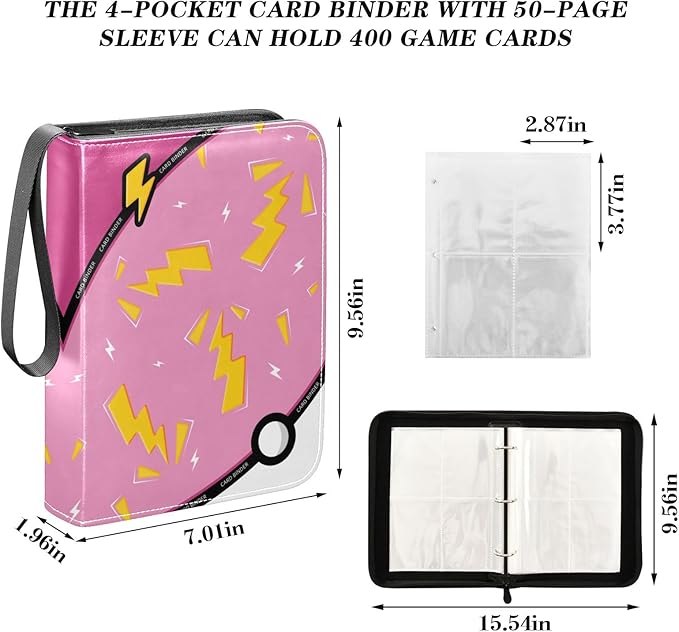 Pink Lightning Card Binder, 4 Pocket Trading Card Holder with 50 Removable Sleeves, Zipper Card Binder Fits 400 Cards, Collection Card Storage Case Album Book Gifts