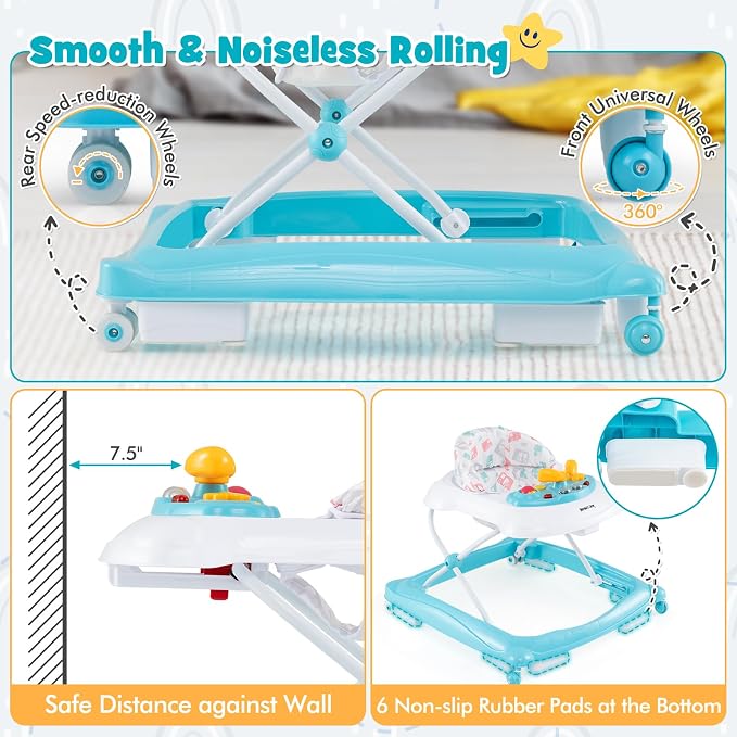 HONEY JOY Baby Walker, 5 in 1 Infant Activity Walker with Wheels, Music, Removable Cushion, Toddler Foldable Push Walker for Boys Girls, Anti-Rollover Walkers for Babies 7-14 Months (Green)
