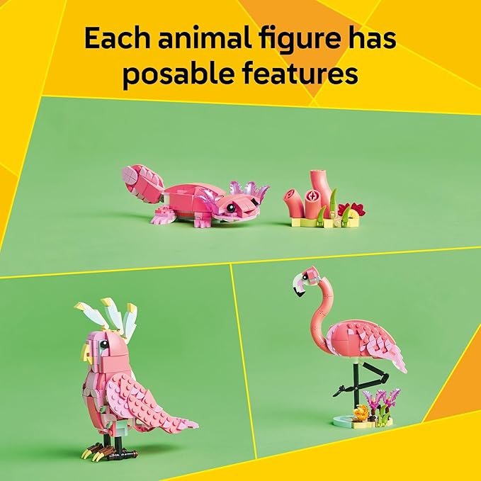 LEGO Creator 3 in 1 Wild Animals: Pink Flamingo Animal Building Toy - Playset with 3 Build Options, Pink Flamingo, Cockatoo, or Axolotl - Learning Toy for Kids, Ages 8+- 31170