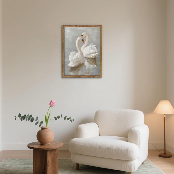 Framed White Swan Canvas Wall Art – Vintage Romantic Swan Oil Painting, Simple Rustic Animal Art Prints, Classical Artwork Wall Decor for Living Room Bedroom Office – 12x16in