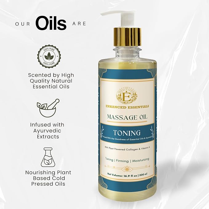 Luxurious Massage Oil by Enhanced Essentials|with Ayurvedic Extracts & Essential Oils | Firms, Nourishes & Uplifts Skin | Fast-Absorbing, Non-Greasy, Clean Formula|16.9 fl oz (500ml) (Toning)