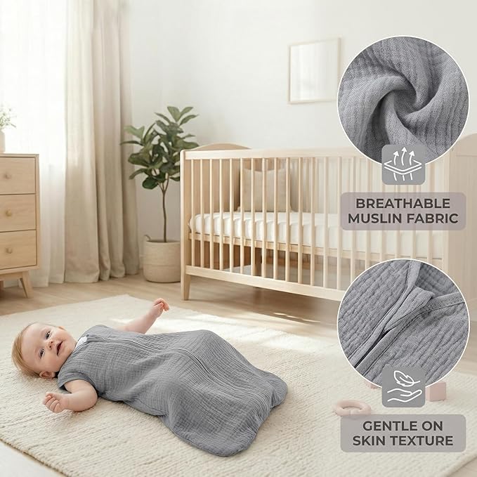 BSTOPPT 2 Pack Baby Sleep Sack 6-12 Months 100% Organic Cotton Muslin Baby Sleeping Bag 2-Way Zipper Wearable Blankets TOG 0.3 (Gray & Pink Butterfly, Medium)