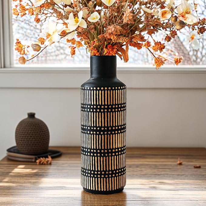 Rustic Ceramic Vase for Living Room Bedroom 11.02'' Black Flower Vase for Bouquet Fake Plant Home Decor Office Table Shelf Fireplace Centerpieces Antique Retro Vintage Classic Modern