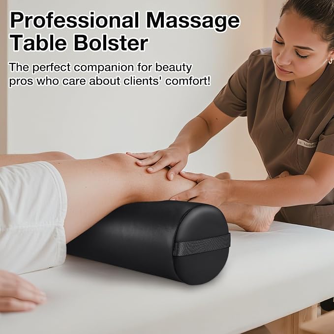Noverlife Full Round Bolster Pillow for Legs, 26 x 6 inch PU Leather Bolster for Massage Table with Strap Handle Under Knee Pillow, Under Back Ankles Pain Relief Massage Table Bolster for Yoga & Spa