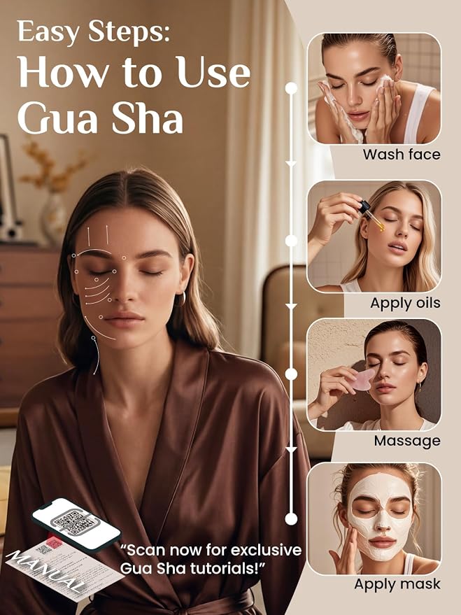 Rena Chris 2PCS Gua Sha Facial Tools: Jade Stone Guasha Tool for Face Acupuncture Therapy, Facial Massager for Jawline Sculpting and Puffiness Reducing (Green & Pink)