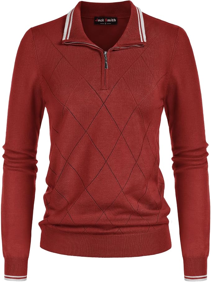 JACK SMITH Quarter Zip Pullover Sweaters for Womens, Rib Polo Sweater Tops | V Neck,Knit,Long Sleeve,Argyle,Open Pattern,Callar,Lightweight,Fashion,Golf Work Business Daily Wear Versatile Pullover Shirt