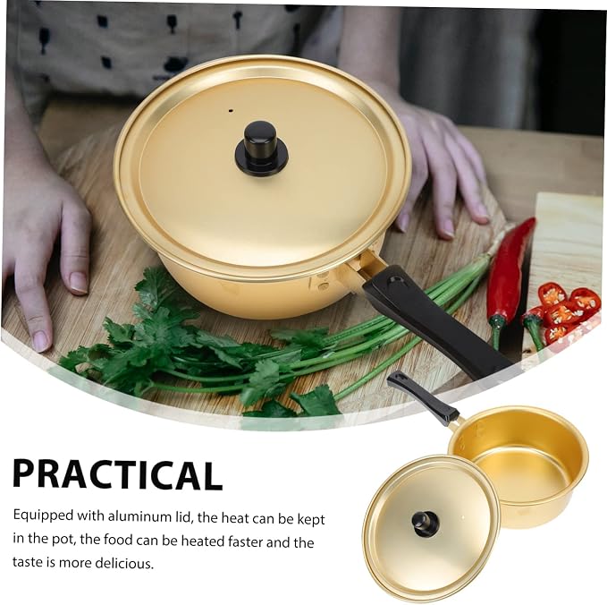 Hemobllo Golden Korean Ramen Pot Single Handle Aluminum Stockpot with Lid Thickened Noodle Stew Pot for Home Cooking Fast Heating for Soup and Daily Meals