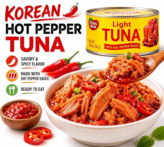 Dongwon Light Tuna with Hot Pepper Sauce, Korean Spicy Canned Tuna, Ready to Eat Tuna in Sauce, 5.29 oz Each, Pack of 4